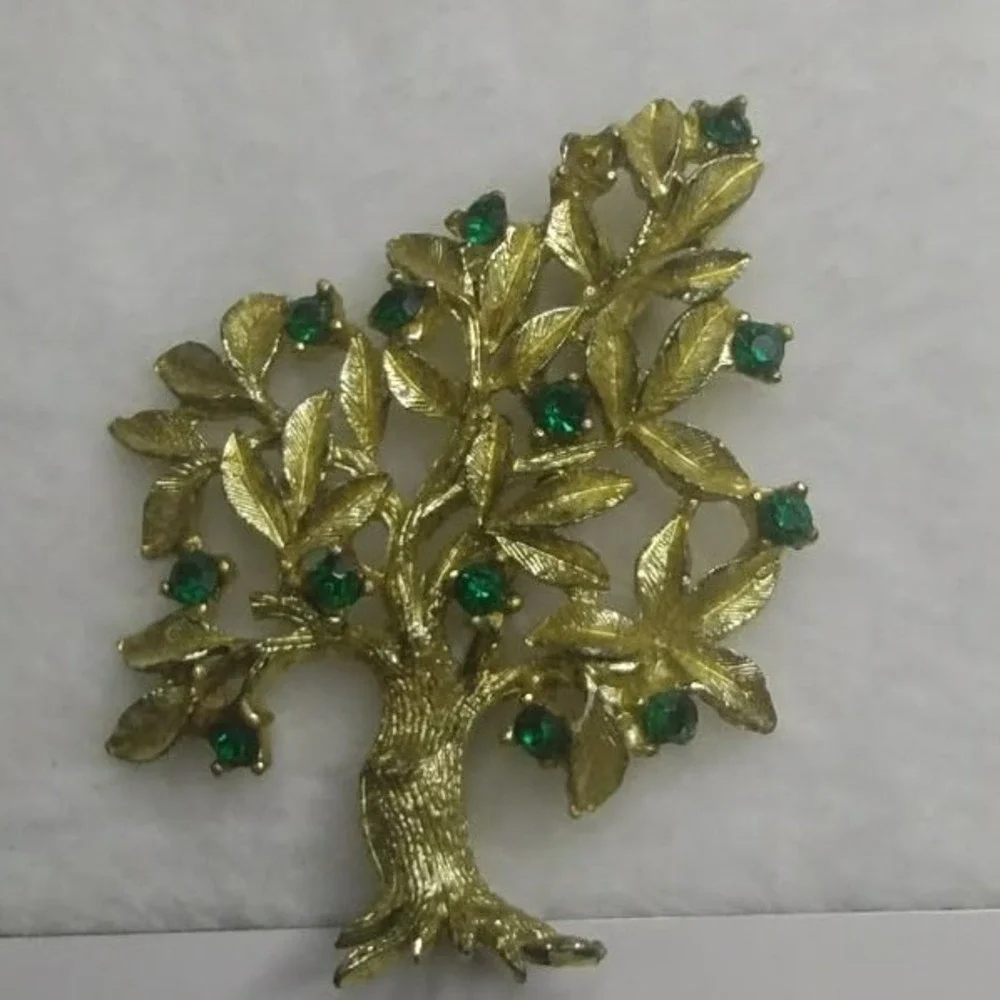 Dodds‎ Vintage Tree of Life Brooch Gold Tone Emerald Green Rhinestone Pin